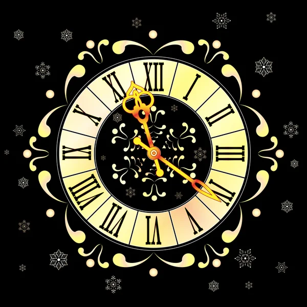 Fondo de Navidad con reloj y copos de nieve — Vector de stock