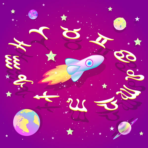 El círculo del zodíaco en el espacio, ilustración vectorial — Vector de stock