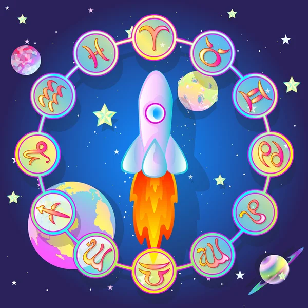 Círculo del zodíaco en el espacio, ilustración vectorial — Vector de stock