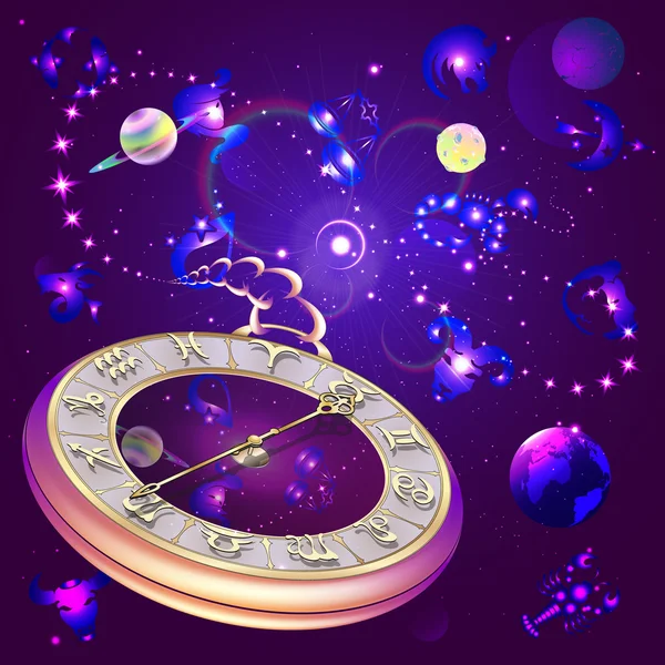 Star background with clock and zodiac signs, vector illustration — Stock Vector