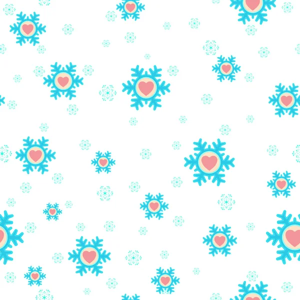 Nahtloser Weihnachtshintergrund mit Schneeflocken und Herzen, Vektorillustration — Stockvektor