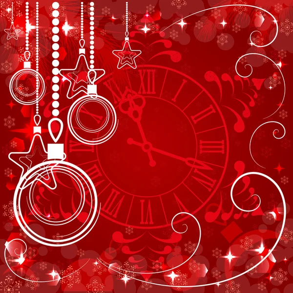 Fondo rojo de Navidad con reloj, ilustración vectorial — Archivo Imágenes Vectoriales