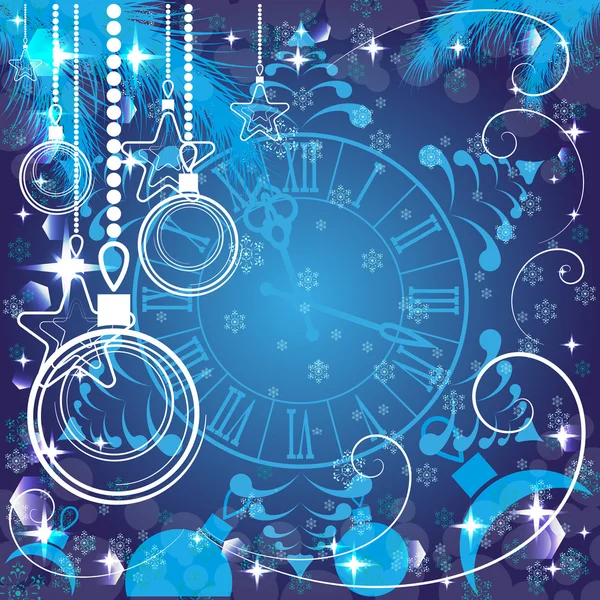 与时钟，矢量图蓝色圣诞节背景 — 图库矢量图片