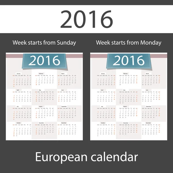 Kalender 2016, zwei Vorlagen — Stockvektor