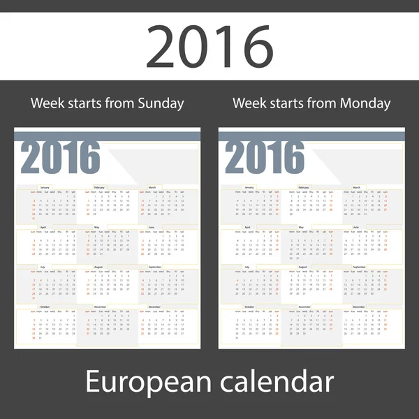 Kalender 2016, zwei Vorlagen — Stockvektor