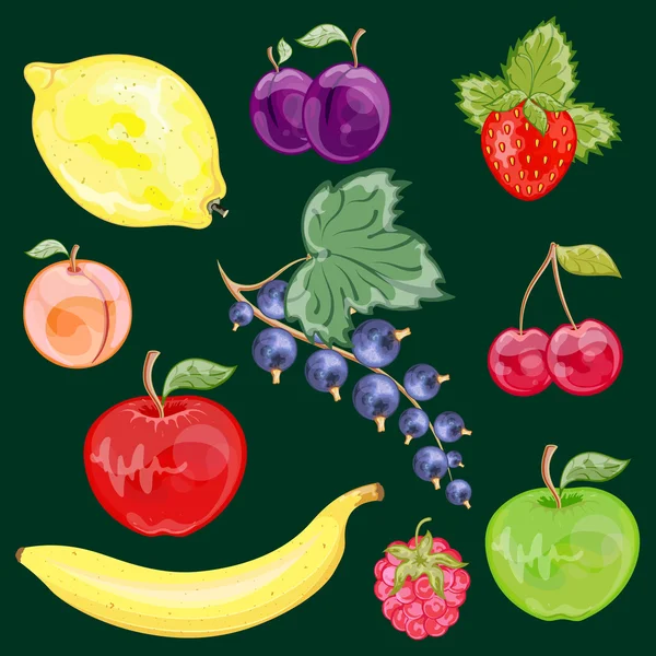 Conjunto de frutas y bayas aisladas — Vector de stock