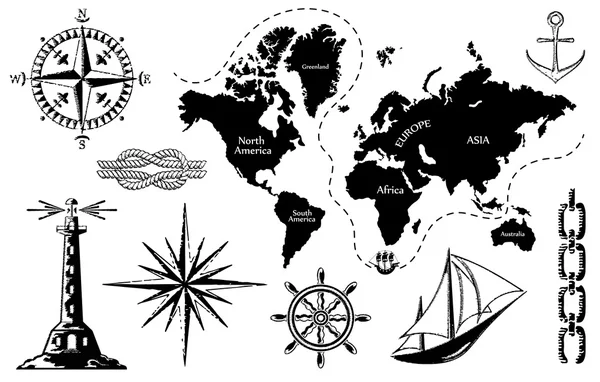 Alte Landkarte und eine Reihe von Ikonen des Meeres — Stockvektor
