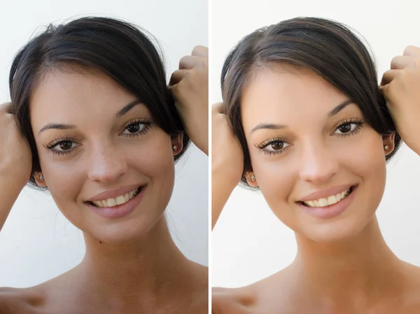 Retrato de una hermosa chica morena antes y después del retoque con photoshop . — Foto de Stock