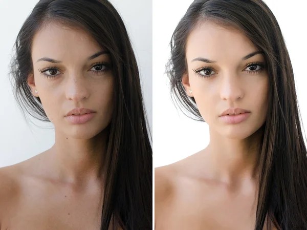 Retrato de una hermosa chica morena antes y después del retoque con photoshop . — Foto de Stock