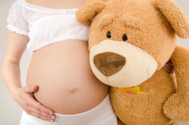 Close up on pregnant belly and a big teddy bear. clipart