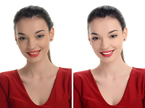 Portréja egy gyönyörű fiatal nő, szexi vörös ajkak mosolyogva előtt és után retusálás a photoshop. — Stock Fotó