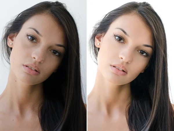 Retrato de uma linda menina morena antes e depois de retocar com photoshop . — Fotografia de Stock