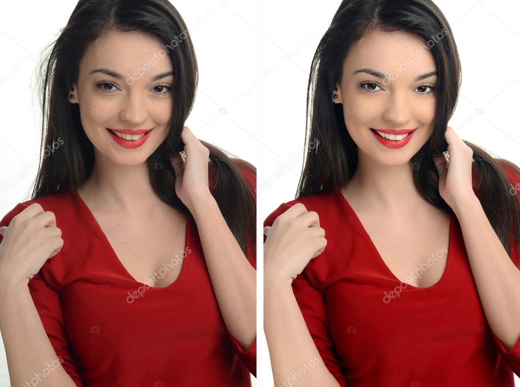 Beautiful young woman with sexy red lips smiling before and after retouching with photoshop.