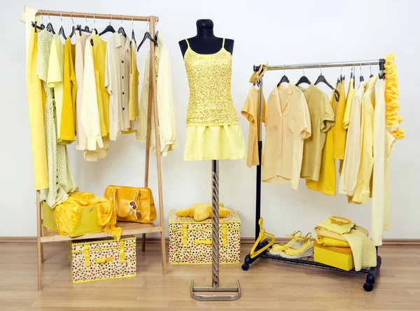 Garderoba szafa z żółty ubrań, ułożone na wieszaki i strój na manekin. — Zdjęcie stockowe