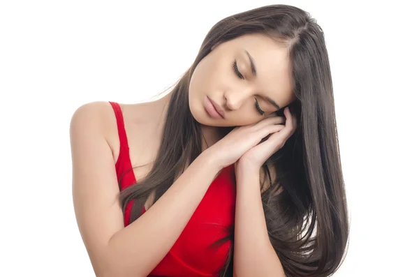 Sexy girl in red dress sleeping. — Stock Photo, Image