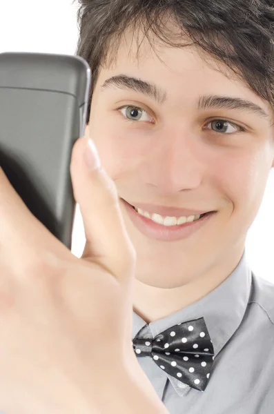 Empresário feliz tirando uma foto selfie com seu telefone inteligente . — Fotografia de Stock
