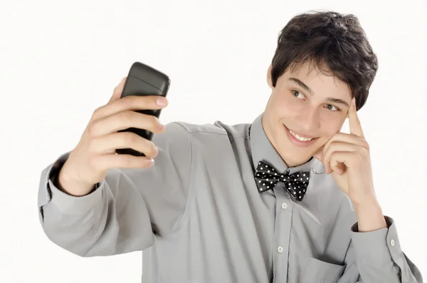 Šťastný podnikatel veselosti selfie s jeho chytrý telefon. — Stock fotografie