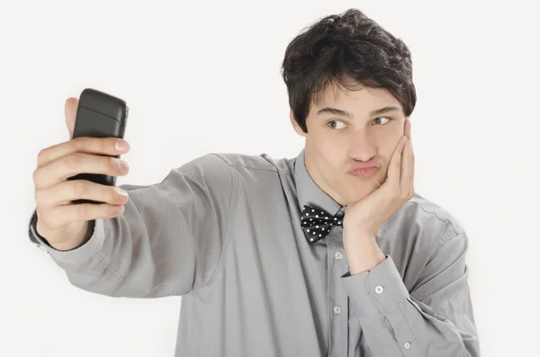 Šťastný podnikatel veselosti selfie s jeho chytrý telefon. — Stock fotografie