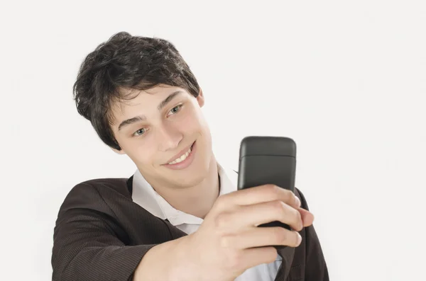 Šťastný podnikatel veselosti selfie s jeho chytrý telefon. — Stock fotografie