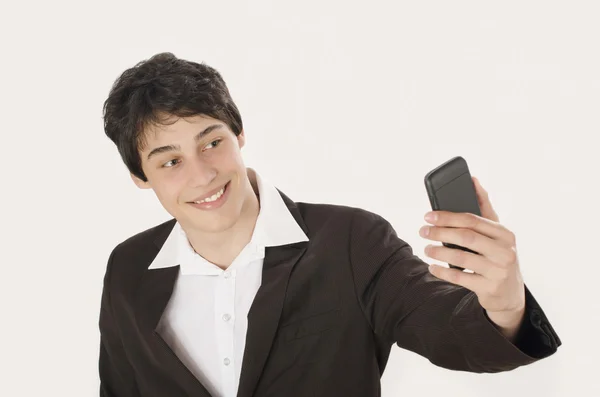 Mutlu işadamı ile onun akıllı telefon selfie fotoğraf çekme. — Stok fotoğraf