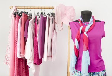 pembe elbise askıları ve elbise mankenin üzerinde düzenlenen Soyunma Dolabı.