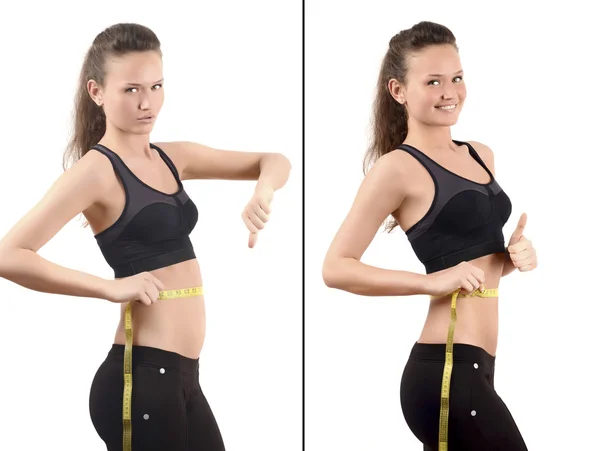 Mädchen misst ihre Taille mit einem Maßband in Zoll. vor und nach dem Hüfttraining. Blähungen im Bauch. — Stockfoto