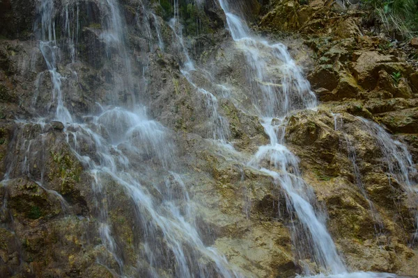 Vista Pintoresca Cascada Del Verano Caucásico Una Roca Con Vegetación — Foto de Stock