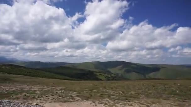 Panorama Alpine Caucasian Mountains Hills Blue Sky Clouds While Driving — Stock Video