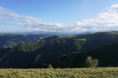 Kuzey Kafkasya 'daki Shadzhatmaz Platosu' nda yaz mevsiminde çiçek açan alp otlarıyla Kafkas yaz dağlarının manzarası                               