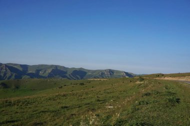 Kuzey Kafkasya 'daki Shadzhatmaz Platosu' na giden yolda Kafkas dağları ve alp otlarının manzarası                               