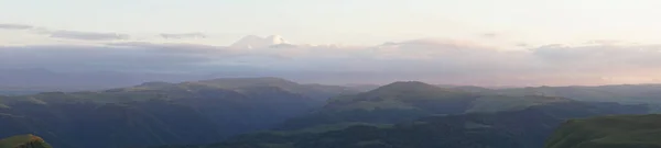 Wide Angle Panorama Evening Caucasian Ranges Mount Elbrus Gray Blue — Stock Photo, Image