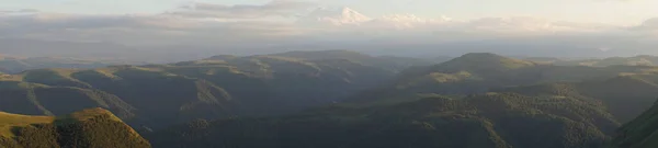 Weitwinkelpanorama Des Abendkaukasus Mit Alpenkräutern Und Elbrus Auf Dem Hochplateau — Stockfoto