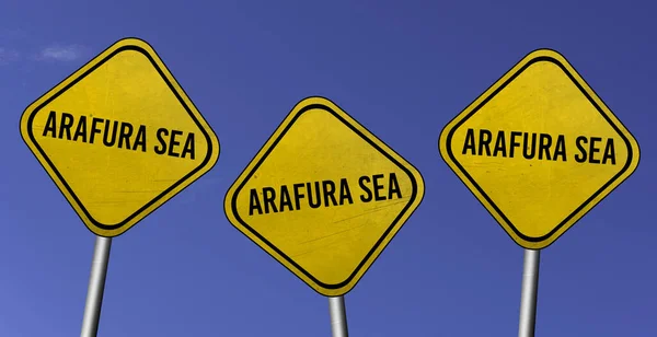 Arafura Sea Three Yellow Signs Blue Sky Background — Stock Photo, Image