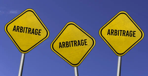 Arbitrage Three Yellow Signs Blue Sky Background — Stock Photo, Image