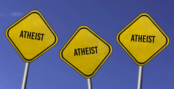 Atheist Three Yellow Signs Blue Sky Background — Stock Photo, Image