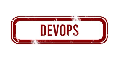 DevOps - kırmızı grunge düğmesi, pul