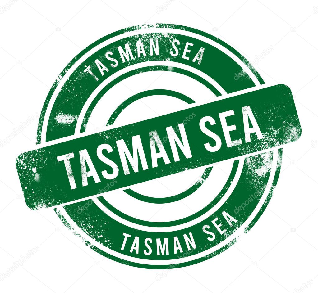 Tasman Sea - green round grunge button, stamp