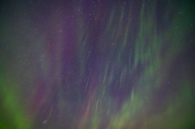 Canlı yeşil ve mor renkleri ile Kuzey Işıkları 'nın nefes kesici manzarası gece gökyüzünü aydınlatır.
