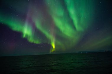 Kuzey Işıkları 'nın nefes kesen görüntüsü engin bir okyanus üzerinde gece gökyüzünü aydınlatarak büyüleyici bir yeşil ve mor renk manzarası yaratır.