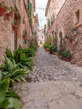 Valldemossa, Mallorca, yeşil kepenkler ve saksı bitkileriyle süslenmiş taştan binalarla kaplı büyüleyici bir kaldırım yolu, ilginç, Akdeniz cazibesi yayıyor, Majorca