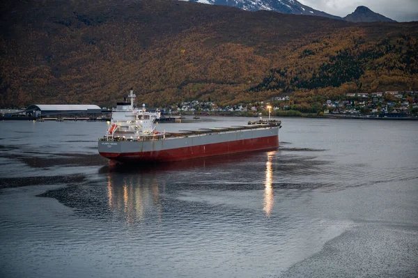 Norveç 'in Narvik kentindeki sakin bir limandan geçen büyük bir kargo gemisi, arka planda sonbahar renklerinde dağlar barındırıyor.