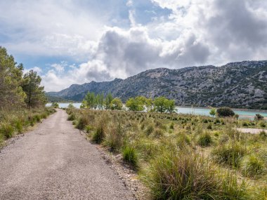 Gorg Blau sanatsal gölü, Mallorca, manzaralı toprak yol çimenli bir tarlaya doğru esiyor, etrafını saran yuvarlanan tepelerle çevrili sakin bir göle, parçalı bulutlu gökyüzü Mayorka 'ya doğru.