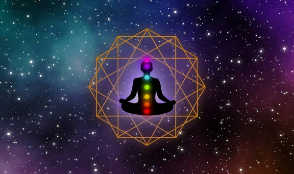 Homem Medtitation Silhueta Com Sete Chakras Ouro Dodegrama Geometria Signo — Fotografia de Stock