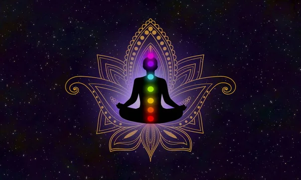 Цветочный Знак Каламкари Силуэт Медитации Человека Семью Чакрами Сияющими Галактике — стоковое фото