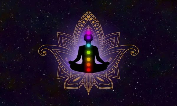 Çiçekli kalamkari işareti ve siluet meditasyoncusu. Galakside yedi çakrası parlıyor..