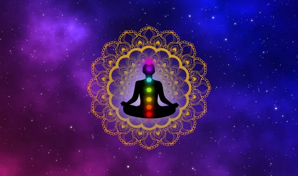 Mandala Floreale Oro Uomo Meditazione Silhouette Nel Profondo Della Galassia — Foto Stock