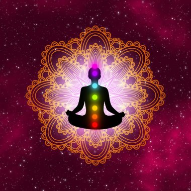 Galaksinin soyut tasarım arka planında mandala kullanan siluet meditasyoncusu..
