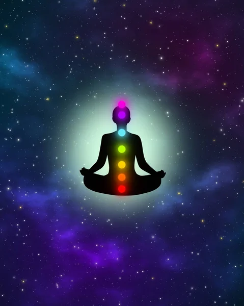 Silhouette Meditation Man Full Spiritual Power His Aura Bright Galaxy — Stock Photo, Image