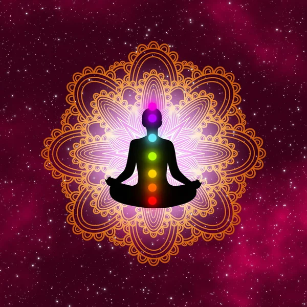 Silhuett Meditation Man Med Mandala Galaxen Abstrakt Design Bakgrund — Stockfoto
