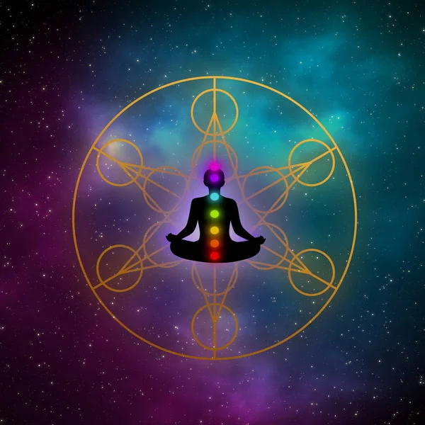 シルエット瞑想男と六角形の神聖なサイン上の美しい銀河の背景 — ストック写真